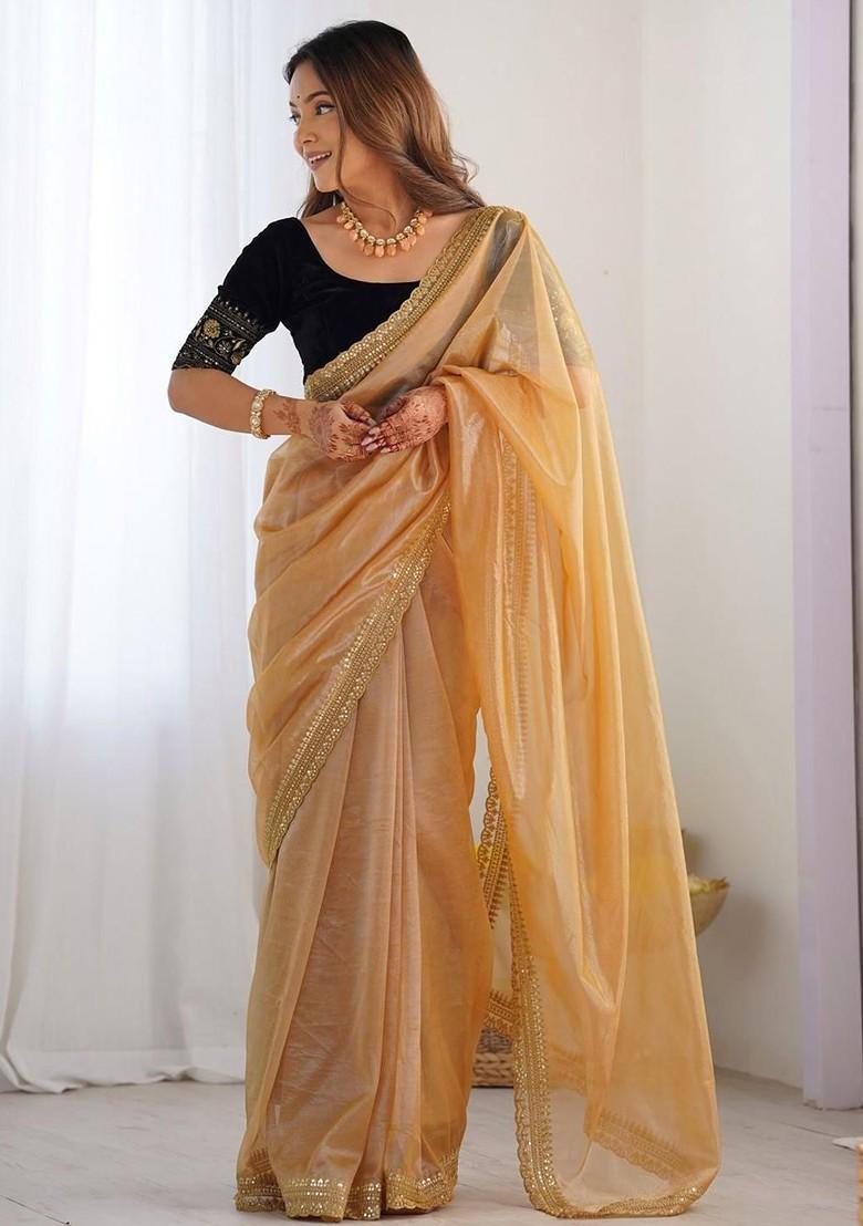 Gold Embroidered Blended Saree Set - Indya
