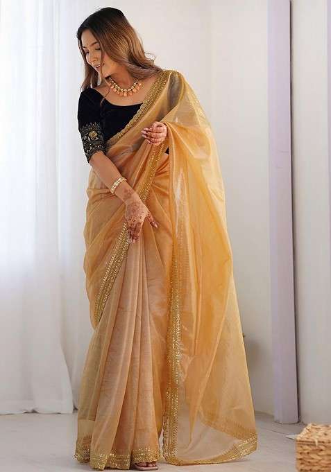 Gold Embroidered Blended Saree Set for Diwali and Festive Wear