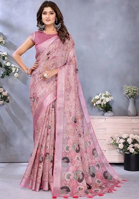 Peach Embroidered Blended Saree Set