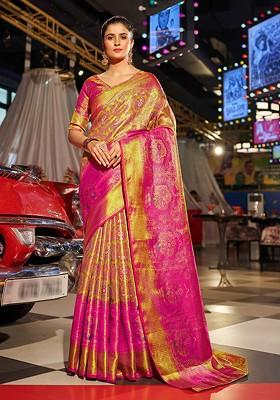 Pink Embroidered Blended Saree Set