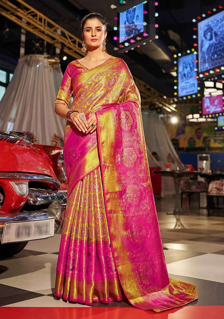 Pink Embroidered Blended Saree Set - Indya