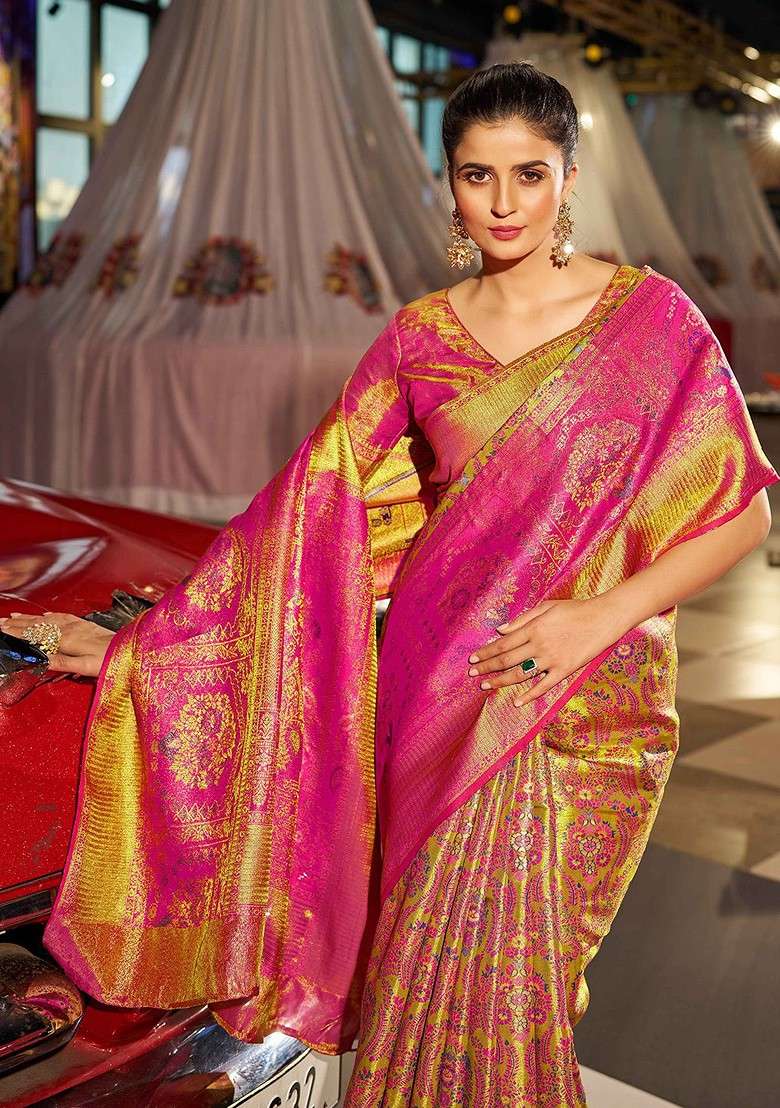 Pink Embroidered Blended Saree Set - Indya