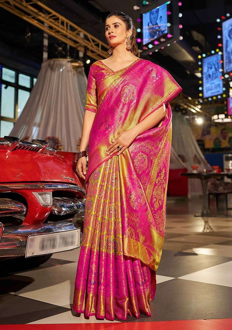 Pink Embroidered Blended Saree Set - Indya