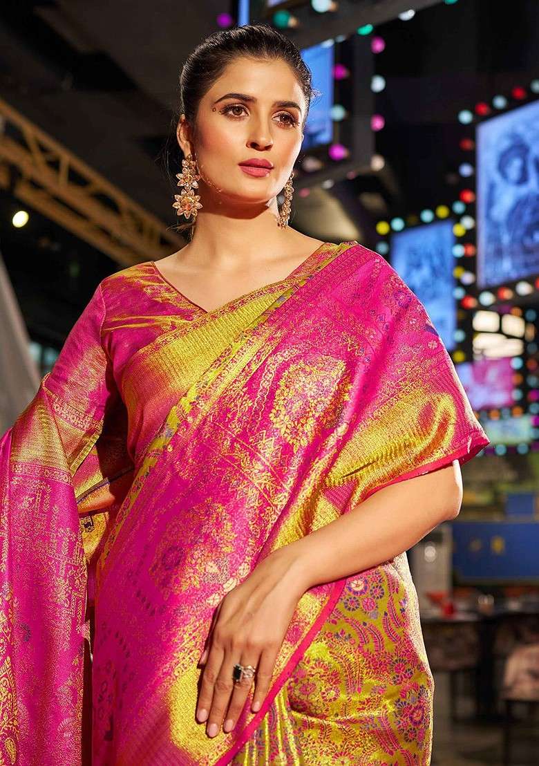 Pink Embroidered Blended Saree Set - Indya