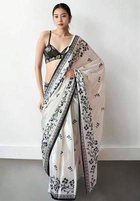 White Printed Blended Saree Set