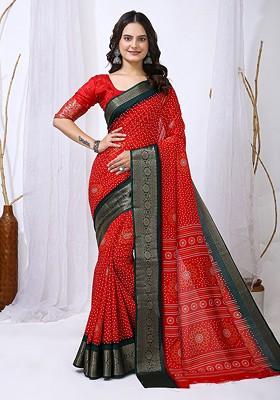 Red Printed Blended Saree Set