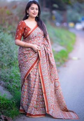 Brown Printed Blended Saree Set