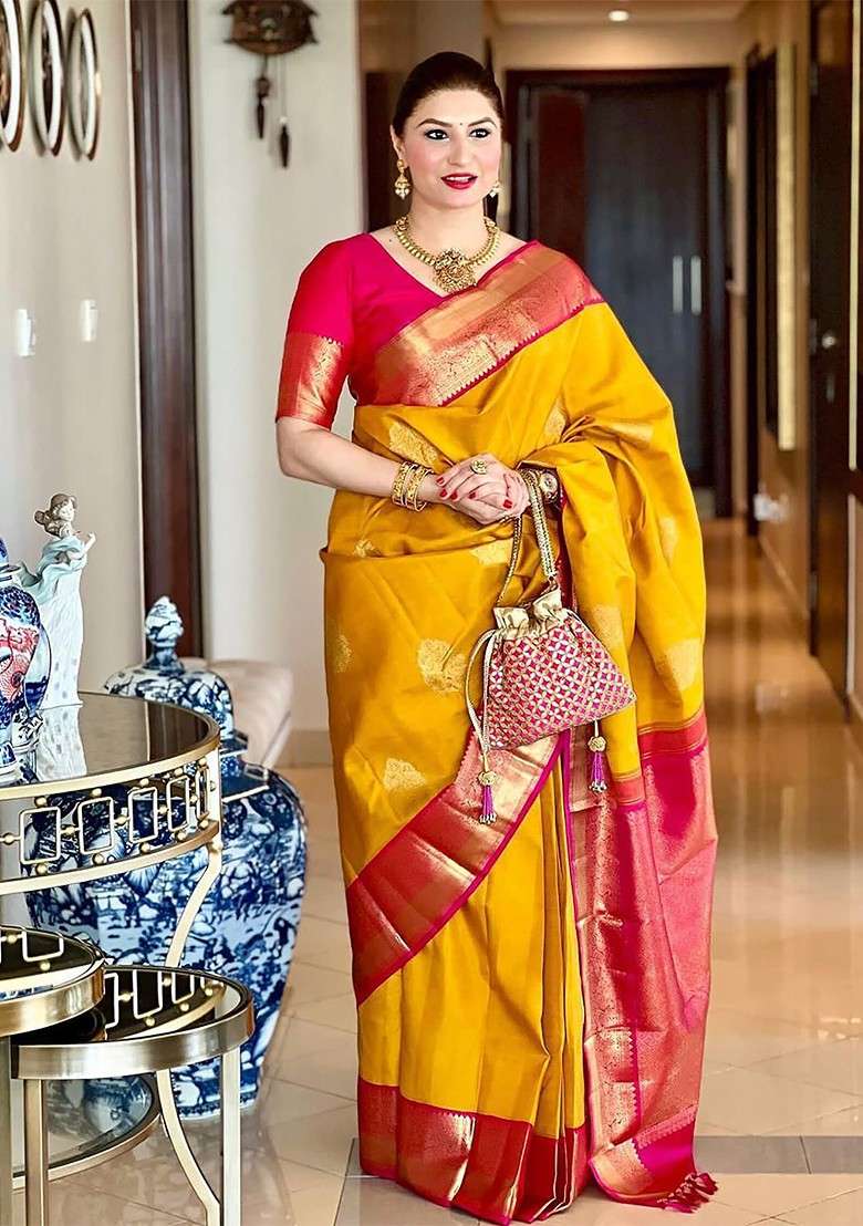 Yellow Jacquard Blended Saree Set for Diwali and Festive Wear - Indya