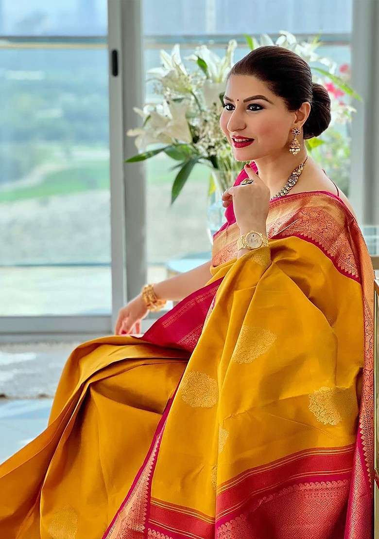 Yellow Jacquard Blended Saree Set for Diwali and Festive Wear - Indya