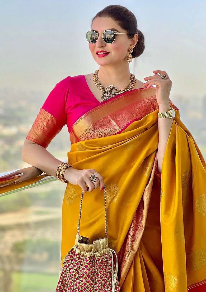 Yellow Jacquard Blended Saree Set for Diwali and Festive Wear - Indya