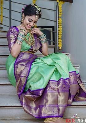 Green Jacquard Blended Saree Set