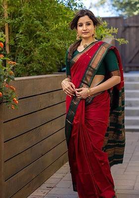Red Embroidered Blended Saree Set