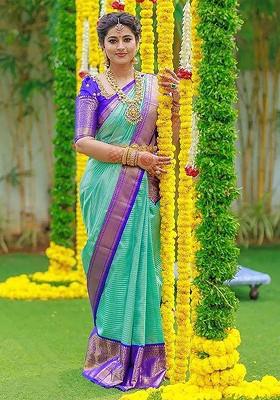 Turquoise Blue Embroidered Blended Saree Set