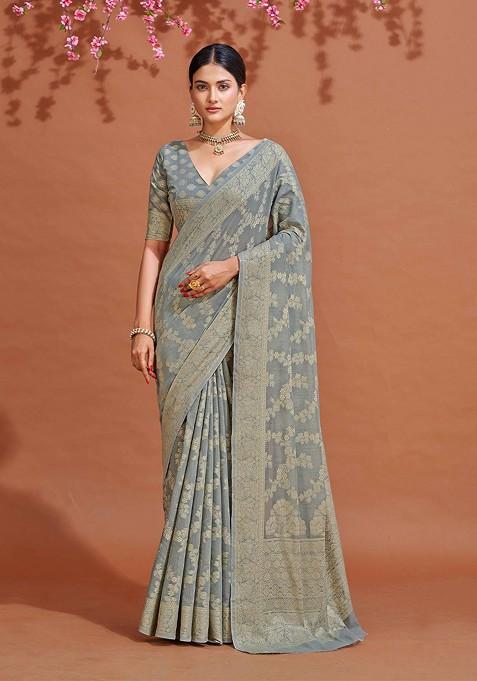 Grey Embroidered Blended Saree Set