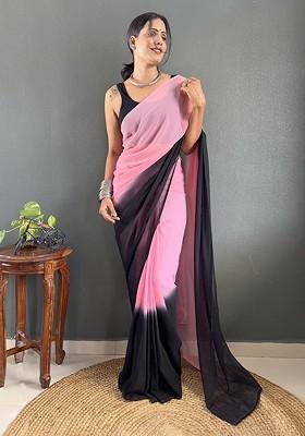 Pink Printed Blended Saree Set