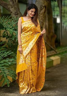 Yellow Embroidered Blended Saree Set