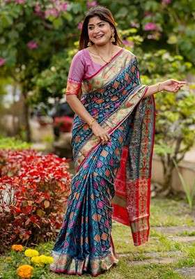 Teal Embroidered Blended Saree Set