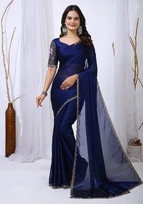Blue Embellished Blended Saree Set