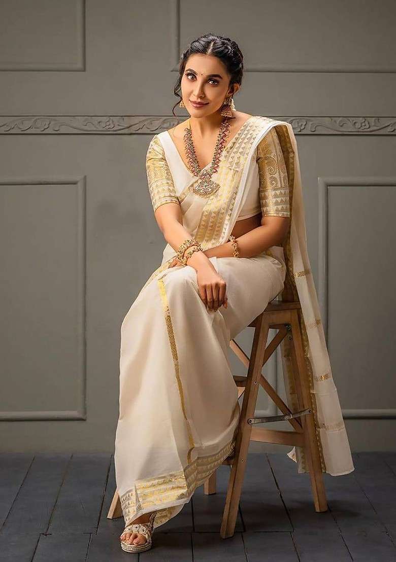 Beige Embroidered Blended Saree Set for Diwali and Festive Wear - Indya