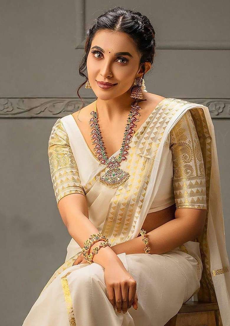 Beige Embroidered Blended Saree Set for Diwali and Festive Wear - Indya