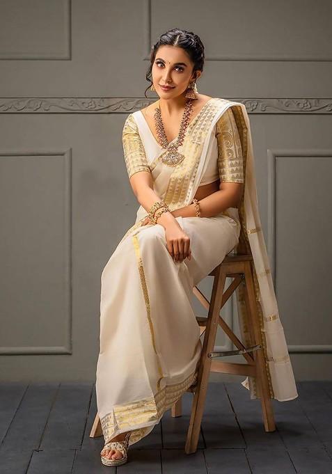 Beige Embroidered Blended Saree Set