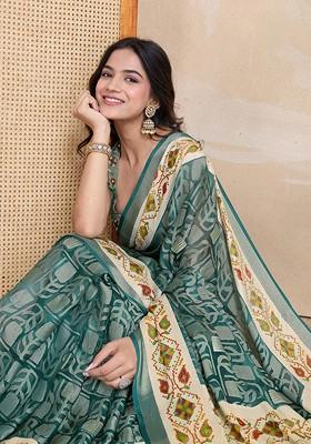 Teal Printed Blended Saree Set