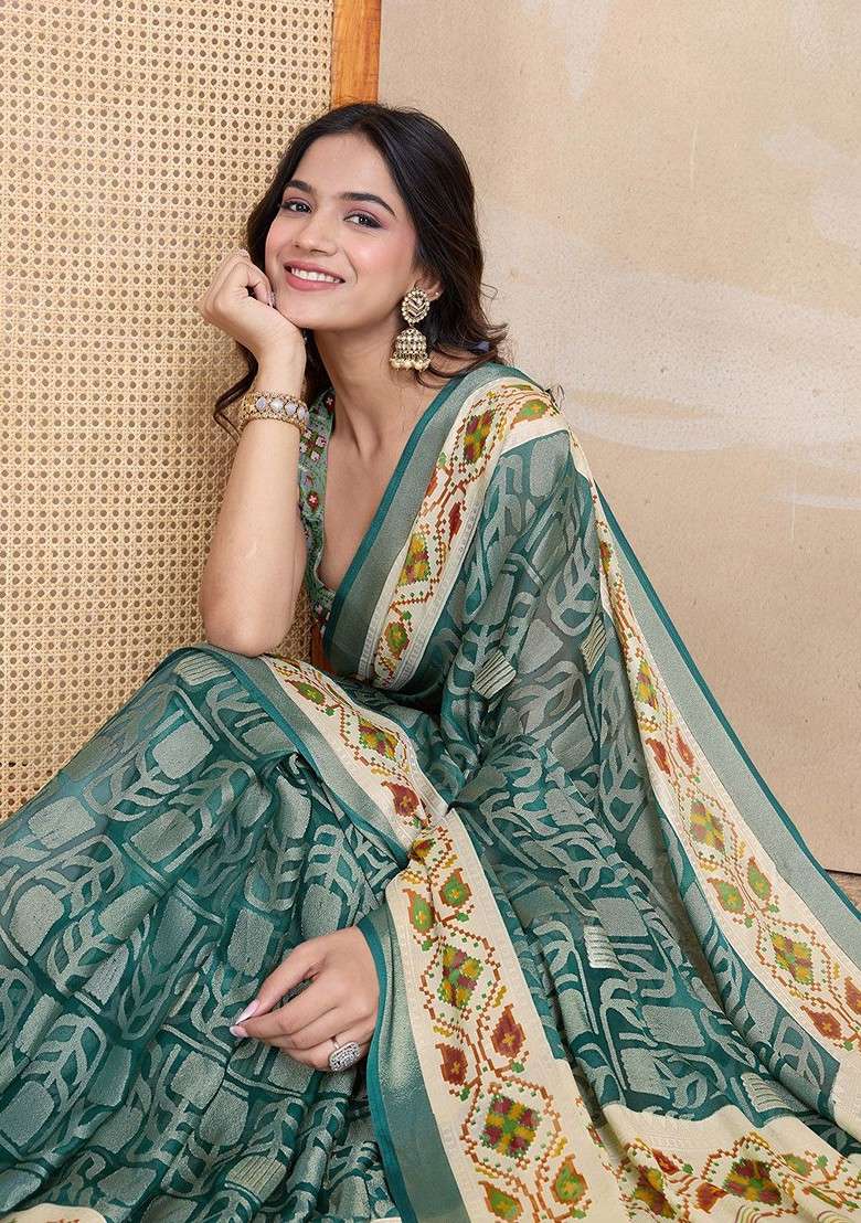 Teal Printed Blended Saree Set - Indya