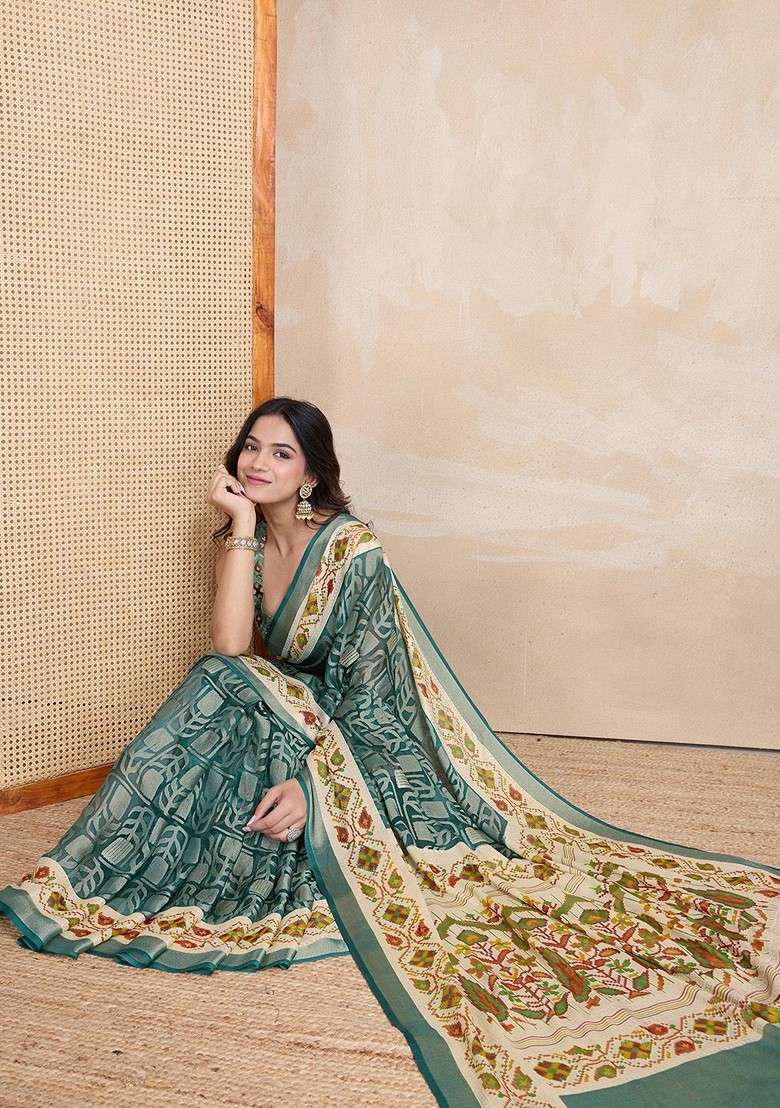 Teal Printed Blended Saree Set - Indya