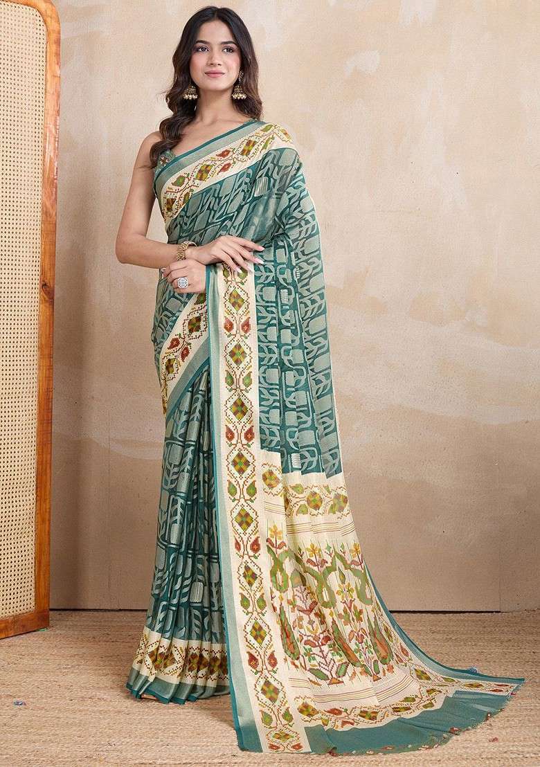 Teal Printed Blended Saree Set - Indya