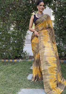 Yellow Embroidered Blended Saree Set