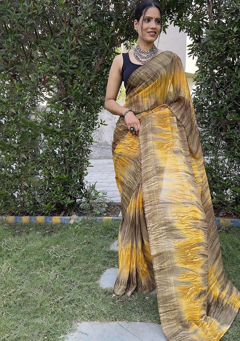 Yellow Embroidered Blended Saree Set - Indya