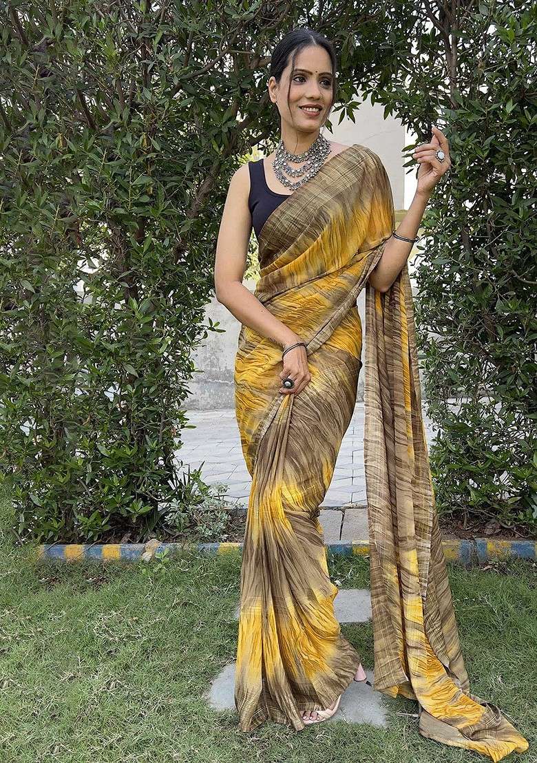 Yellow Embroidered Blended Saree Set - Indya