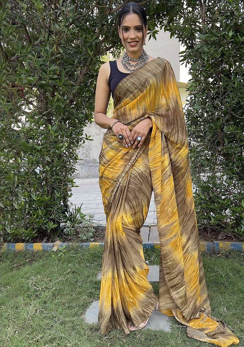 Yellow Embroidered Blended Saree Set - Indya