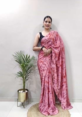 Pink Embroidered Blended Saree Set