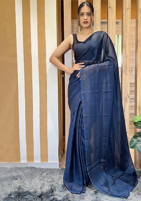 Blue Embroidered Blended Saree Set