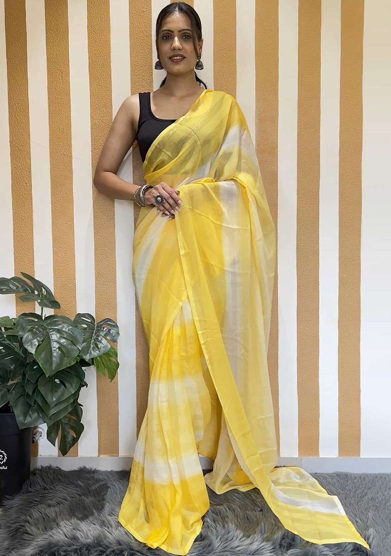 Yellow Embroidered Blended Saree Set - Indya