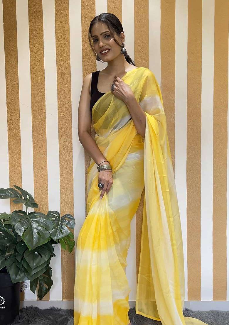 Yellow Embroidered Blended Saree Set - Indya