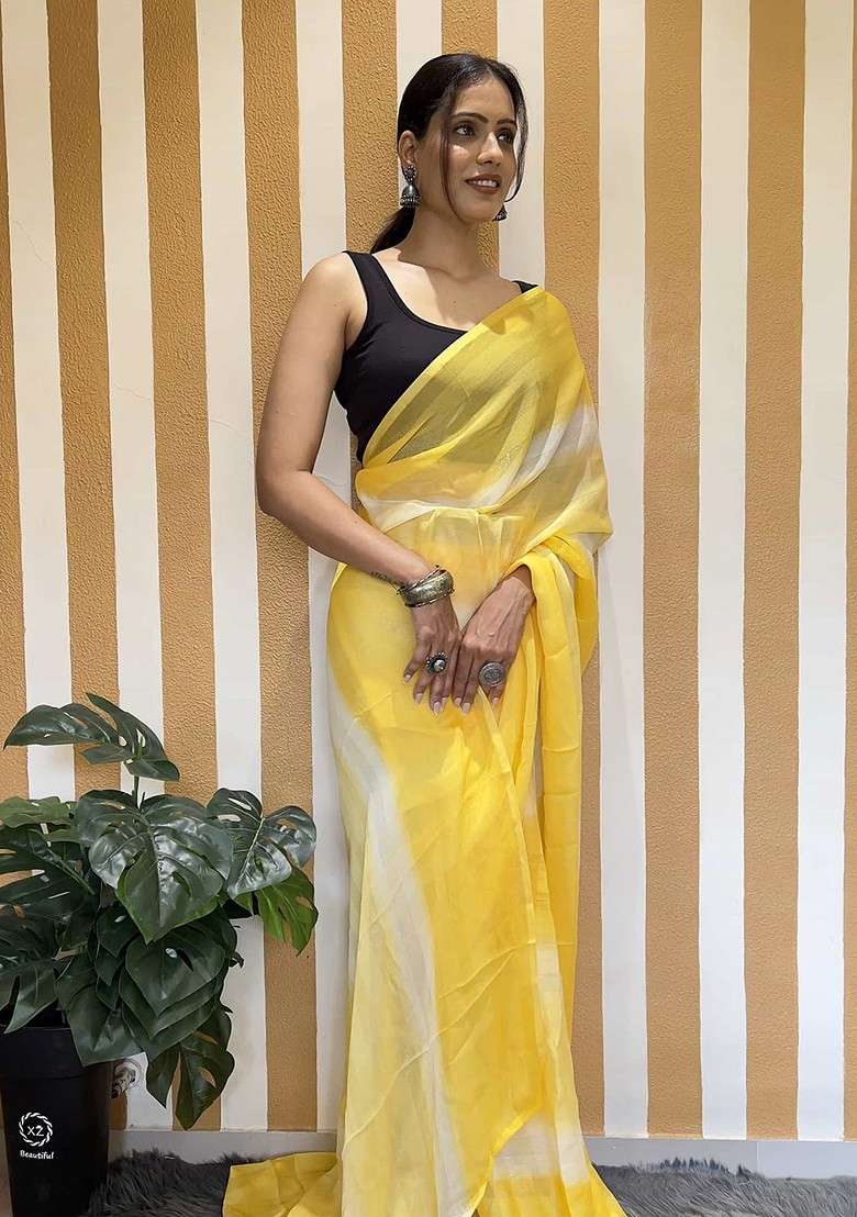 Yellow Embroidered Blended Saree Set - Indya