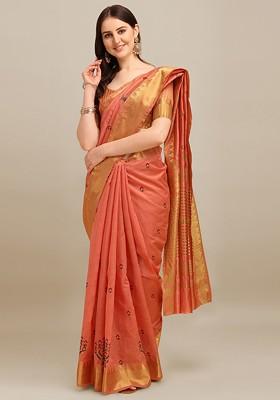 Peach Printed Blended Saree Set