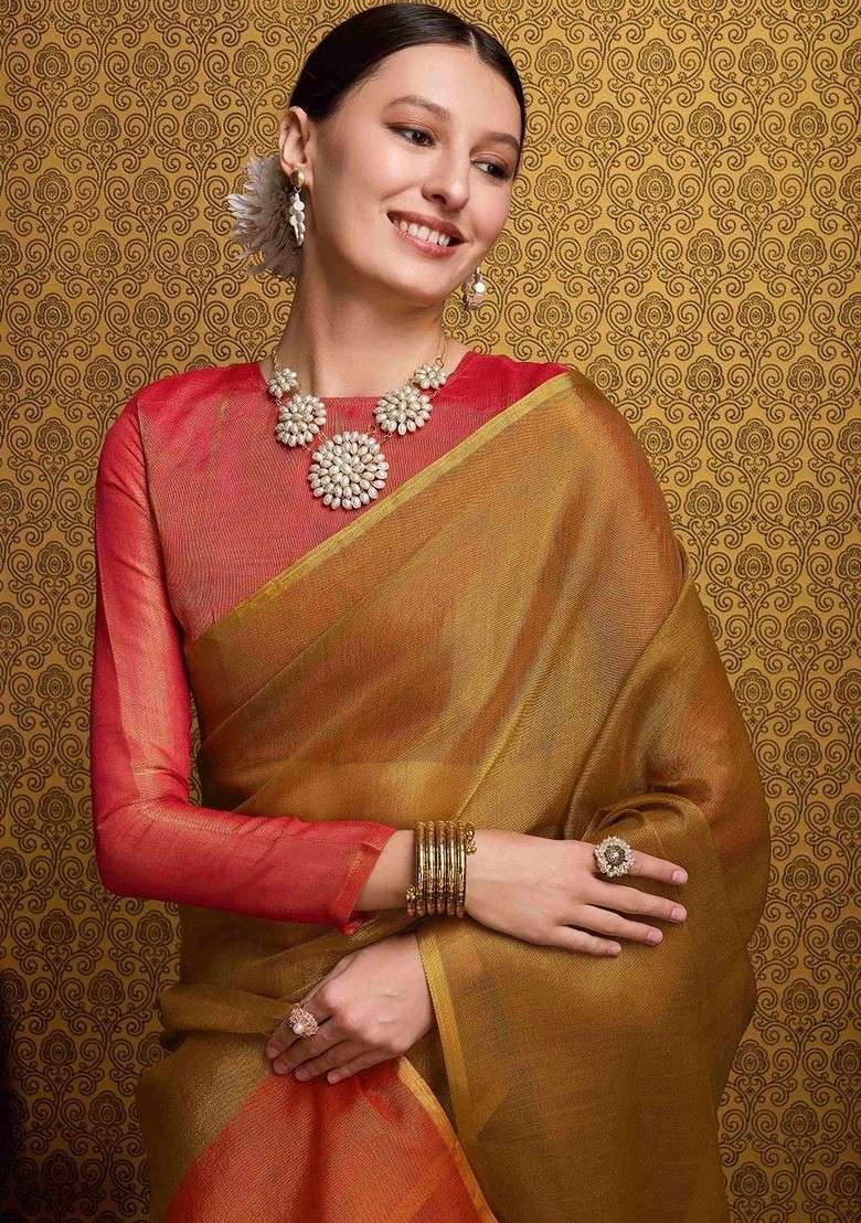 Gold Embroidered Blended Saree Set for Diwali and Festive Wear - Indya