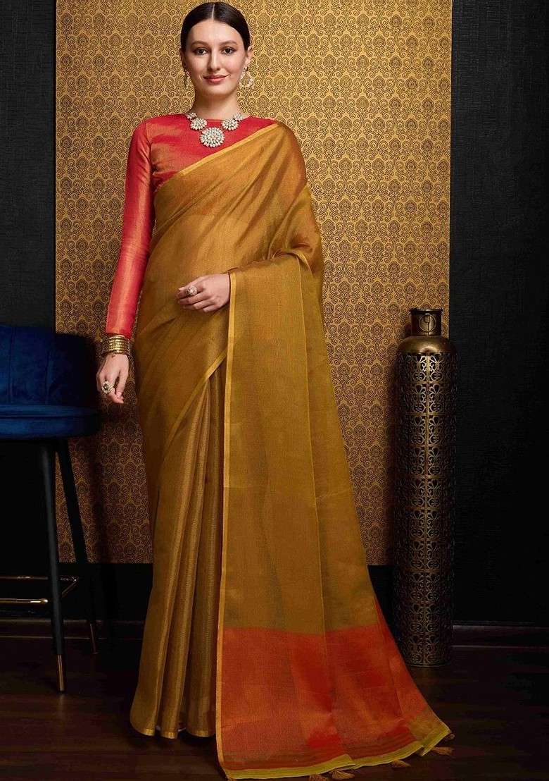 Gold Embroidered Blended Saree Set for Diwali and Festive Wear - Indya