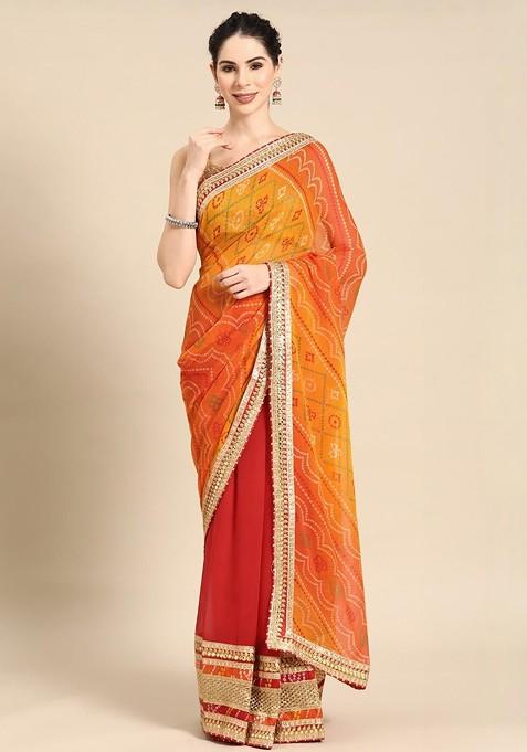 Red Printed Blended Saree Set