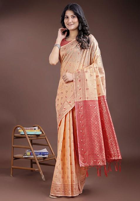 Orange Embroidered Blended Saree Set