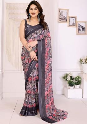Grey Printed Blended Saree Set