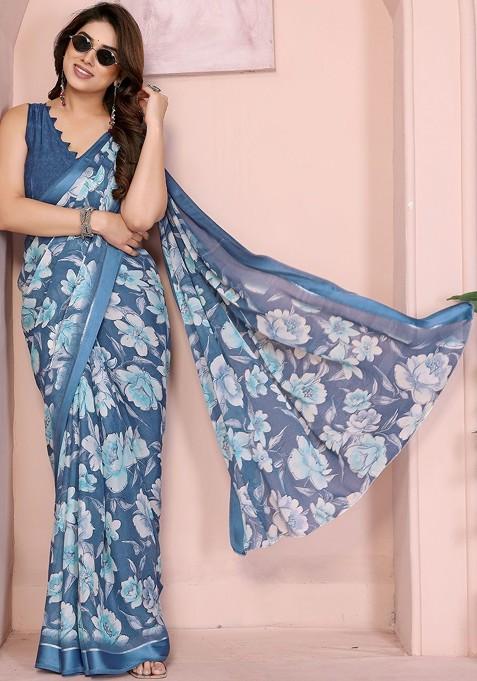 Blue Printed Blended Saree Set