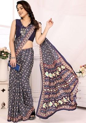 Grey Embroidered Blended Saree Set
