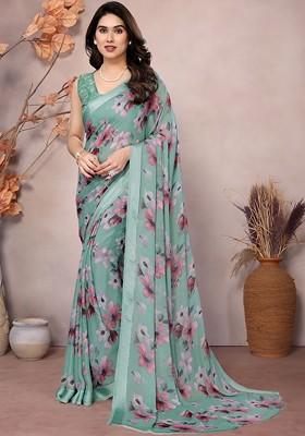 Turquoise Blue Embroidered Blended Saree Set
