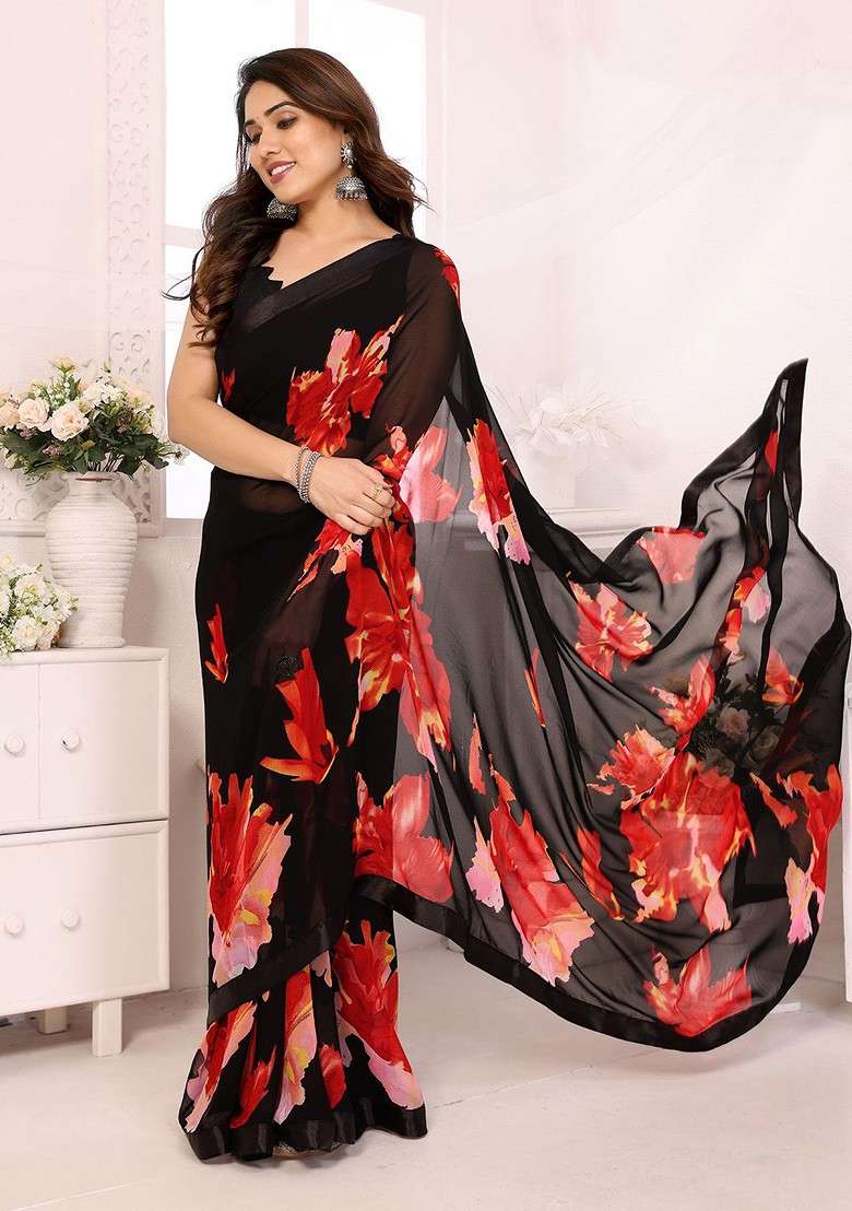 Black Embroidered Blended Saree Set - Indya