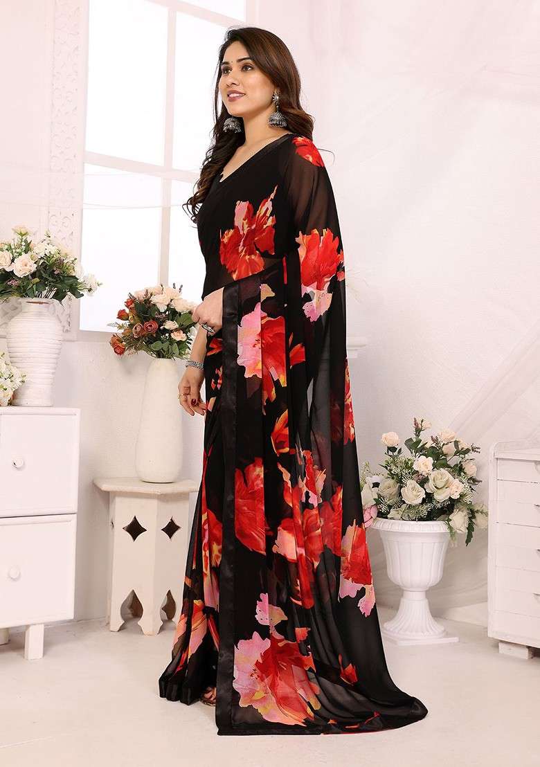 Black Embroidered Blended Saree Set - Indya