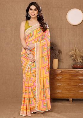 Yellow Embroidered Blended Saree Set